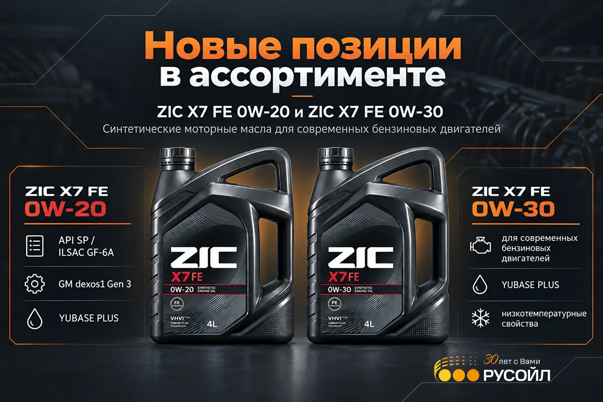 Ассортимент РУСОЙЛ пополнили моторные масла ZIC X7 FE 0W-20 и ZIC X7 FE 0W-30